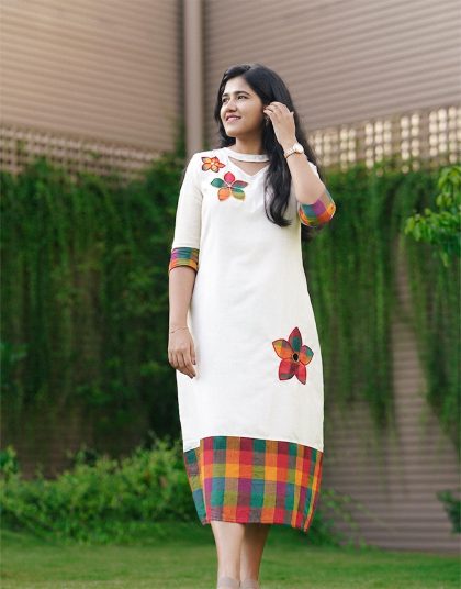 madras-checks -floral-hand-embroidered-dress