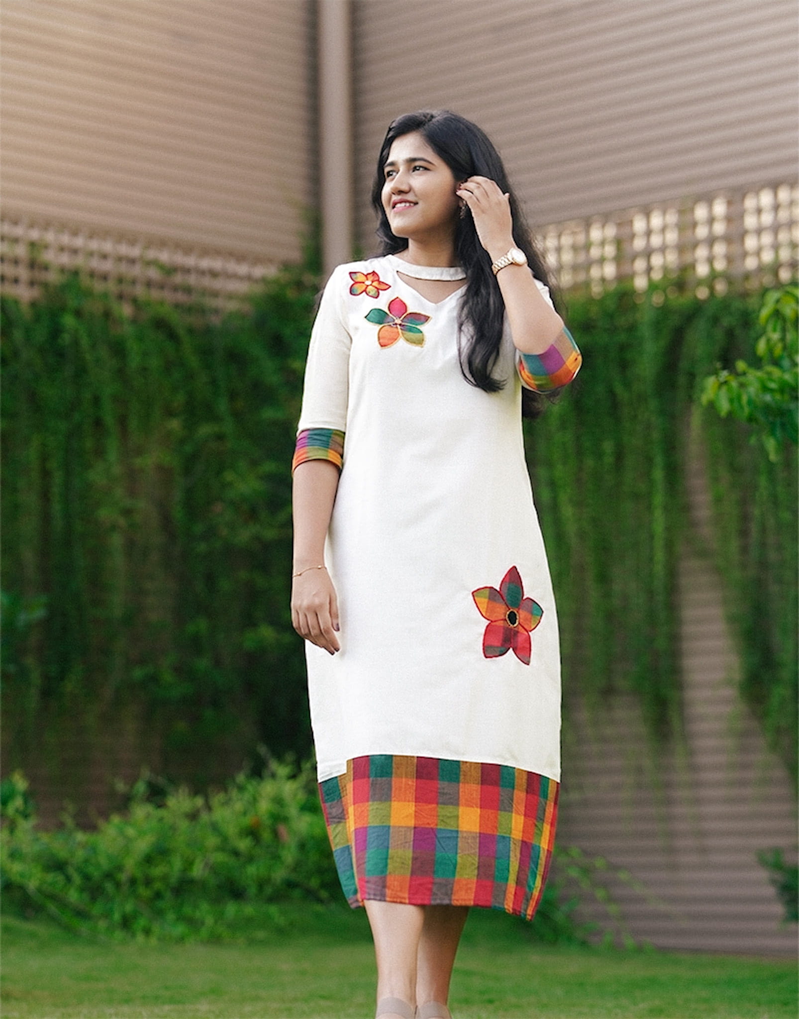 madras-checks -floral-hand-embroidered-dress