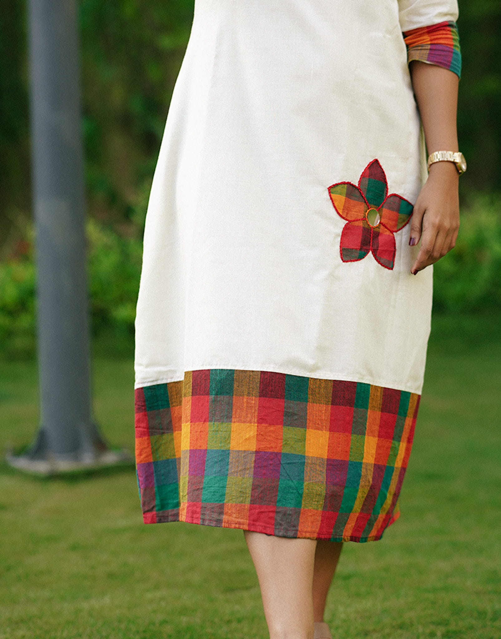 madras-checks -floral-hand-embroidered-dress