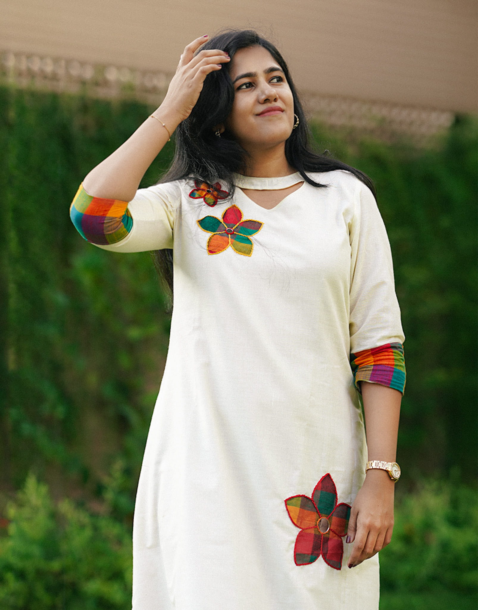 madras-checks -floral-hand-embroidered-dress